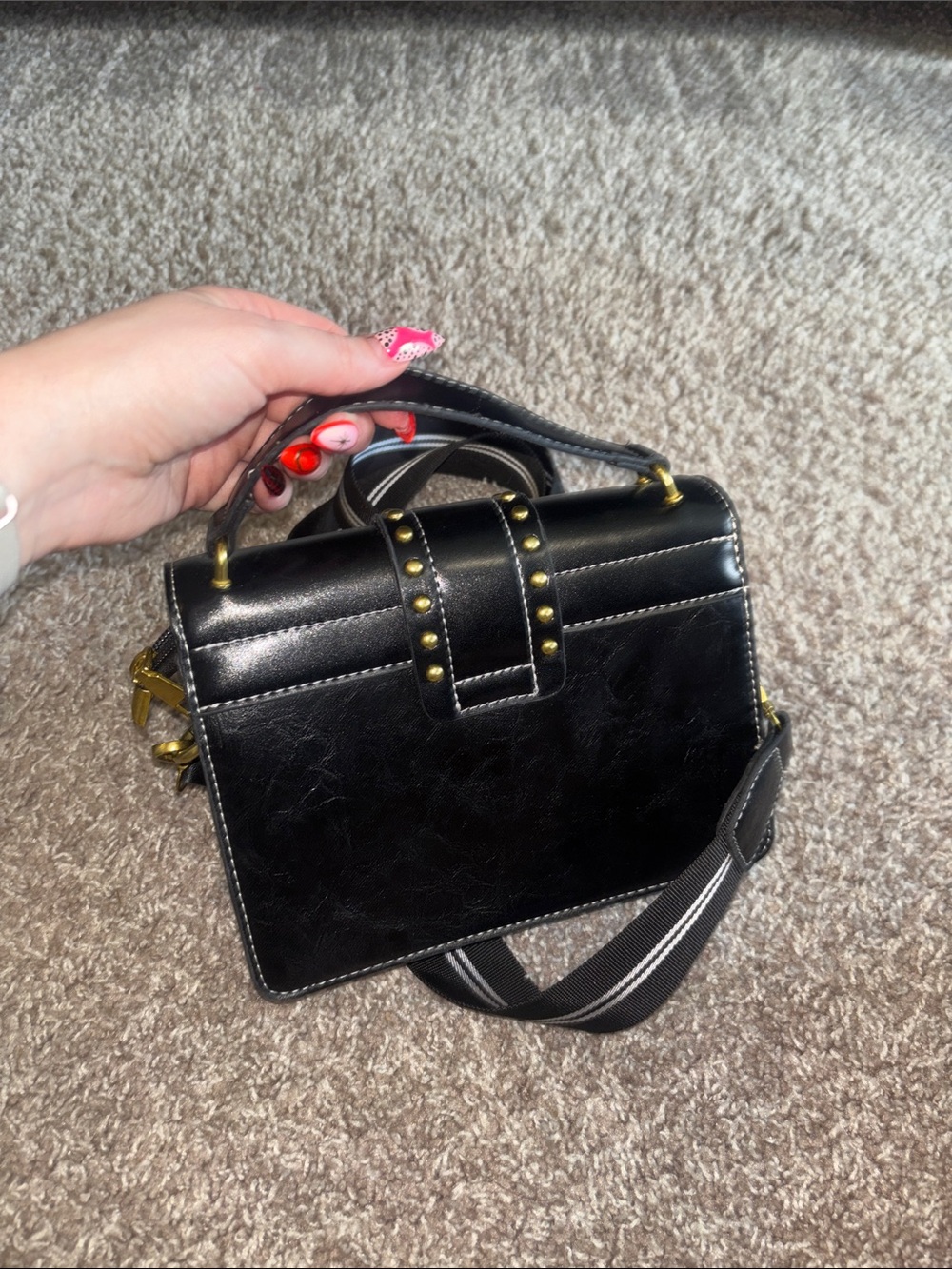 Black Leather Top-Handle Bag with Gold Lion Accent - Picture 3 of 3